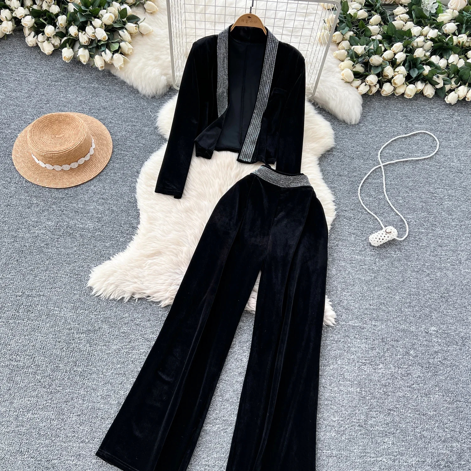 Chic Rhinestone Women Two-Piece Sets Long Sleeve Cardigan Coat Top High Waist Velvet Wide Leg Pants French High Street Clothing