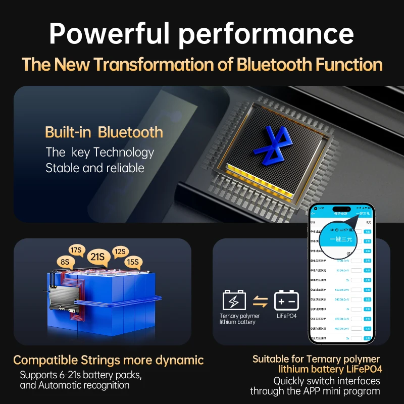 Jiabaida intégré BT 8S 13S 14S 15S 16S 20S 21S 24V 36V 48V 60V 72V LiFePO4 Li-ion intelligent BMS 100A 120A 150A 200A avec chauffage