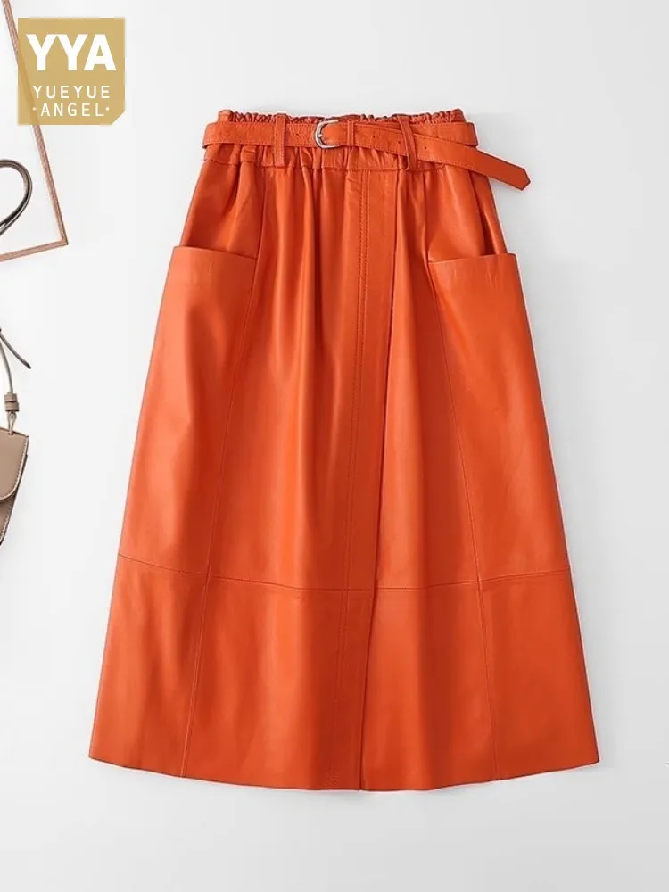 Elegant Office Ladies Genuine Leather Long Skirt Spring High Waist Sashes Solid Color Loose Fit Casual Sheepskin A-Line Skirts