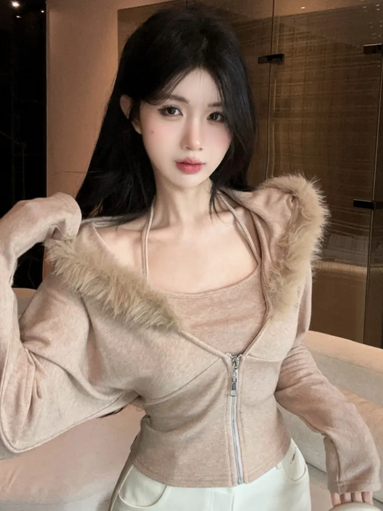 

Korean Style Hooded Long Sleeve Knitted Sweater Women's Spring Autumn Fashion Versatile Slimming Zipper Open Cardigan Top Set