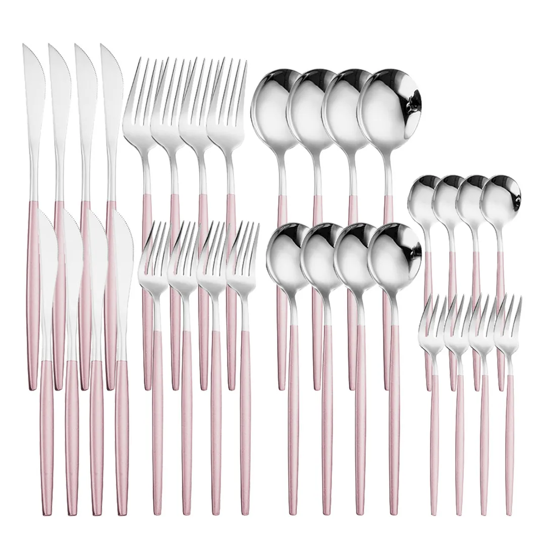 

Luxury Kitchen Cutlery Set Pink Silver Stainless Steel Dinnerware 32pcs Knife Fork Spoon Dessert Fork Tableware Set Eco Friendly