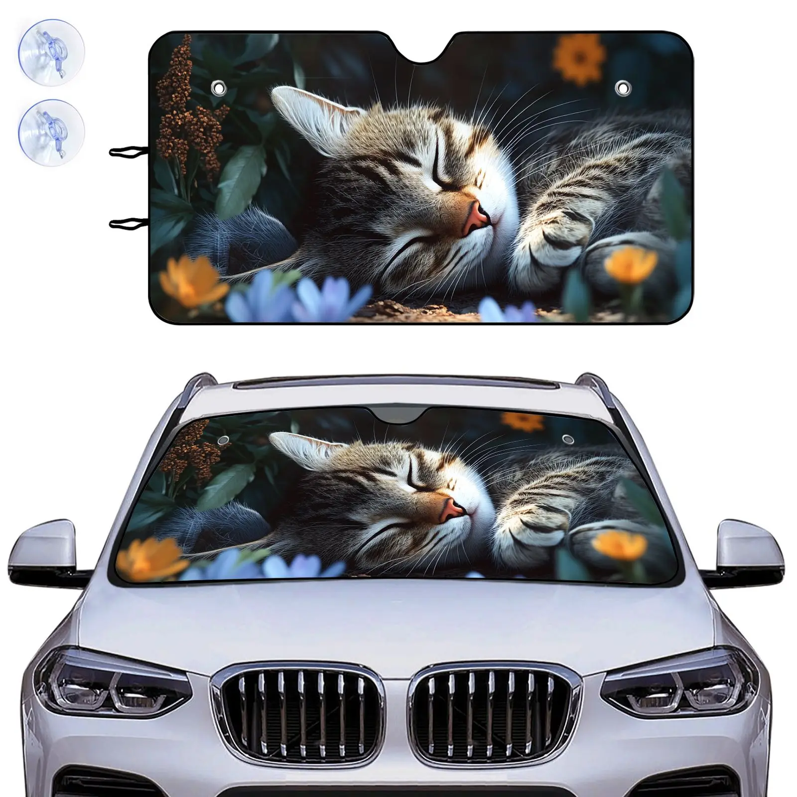 Car Sun Shade | Cat Sleeping In Flowers Print Universal Fit For Car Front Windshield, Aluminum Material, Protects From Sunlight