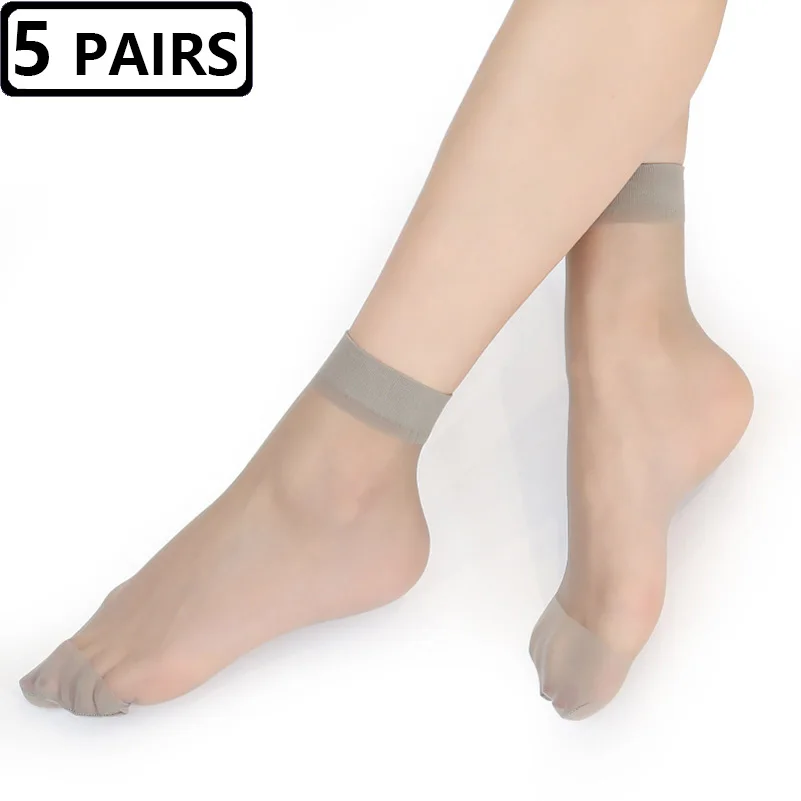 5 Pairs Womens Thin Socks Summer Transparent Crystal Silk Sock Black Skin Color Elastic Silky Ankle Short Socks for Girls Socks