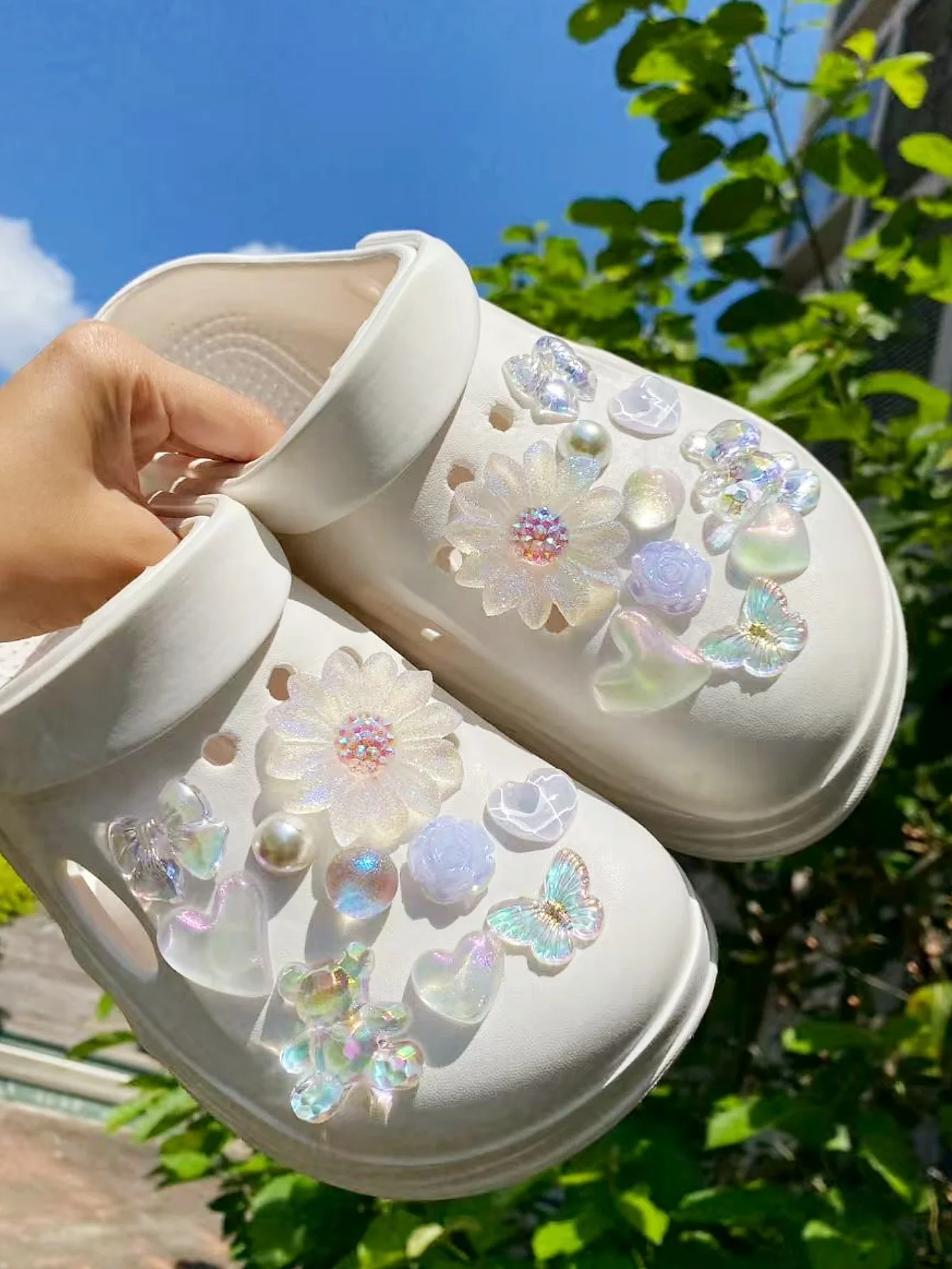 20 زهرة بيضاء، دب، قوس، تموج الماء، فراشة، لؤلؤ ABS، إبزيم حذاء دائري مطرز، ديكورات ذاتية الصنع، شو متعدد الوظائف #1