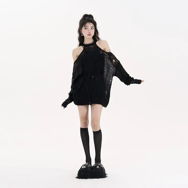 Hot Girl New Hollow Out Top Long Sleeve Off Shoulder Ripped Knit Design Knitwear Sun Protection Loose Cover Up Summer T shirt