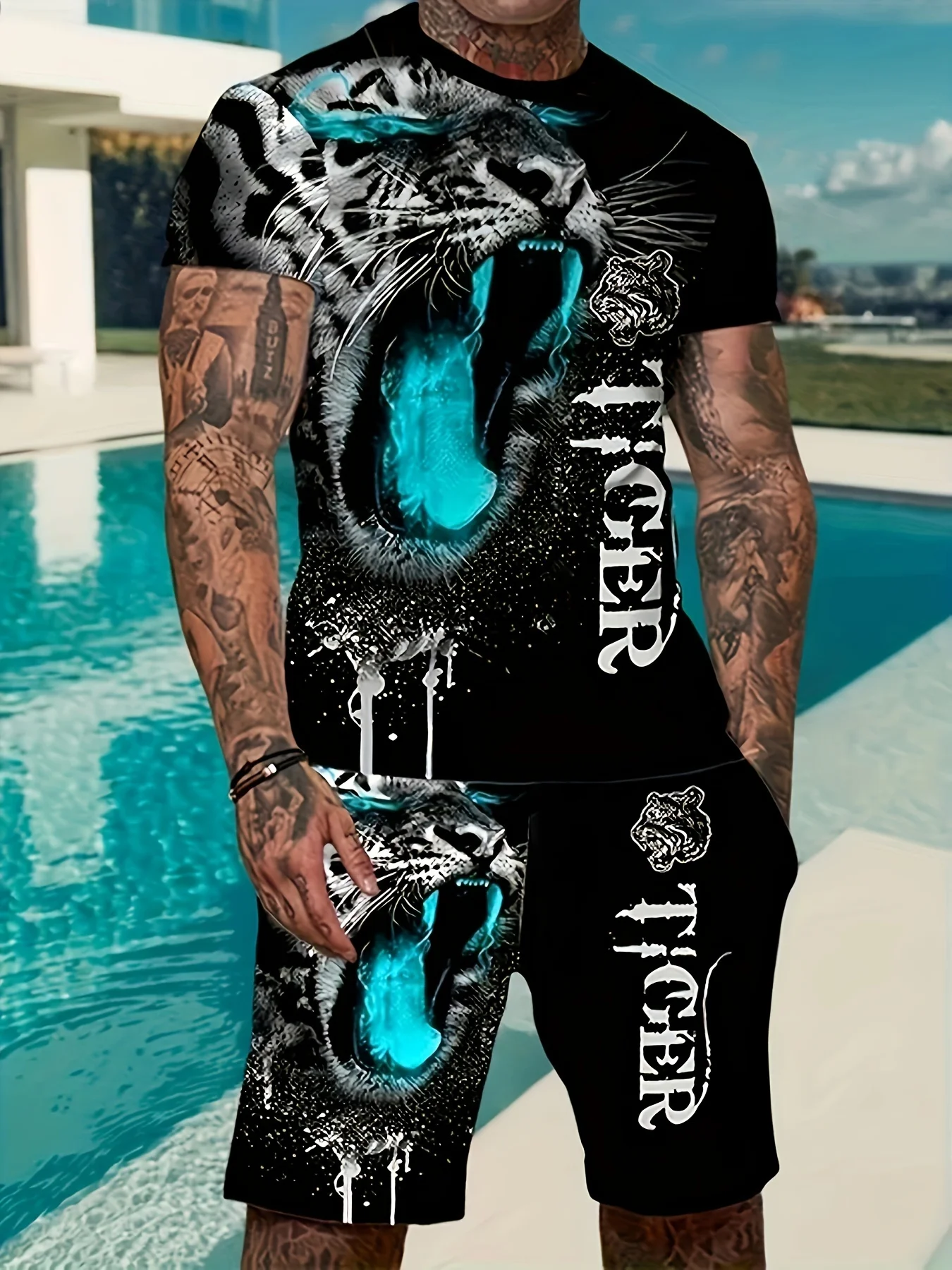 

Men'S Casual Summer Short Sleeve Set - Breathable Polyester, Cool Leopard Print Design, Regular Fit Crew Neck Tee & Shorts Combo