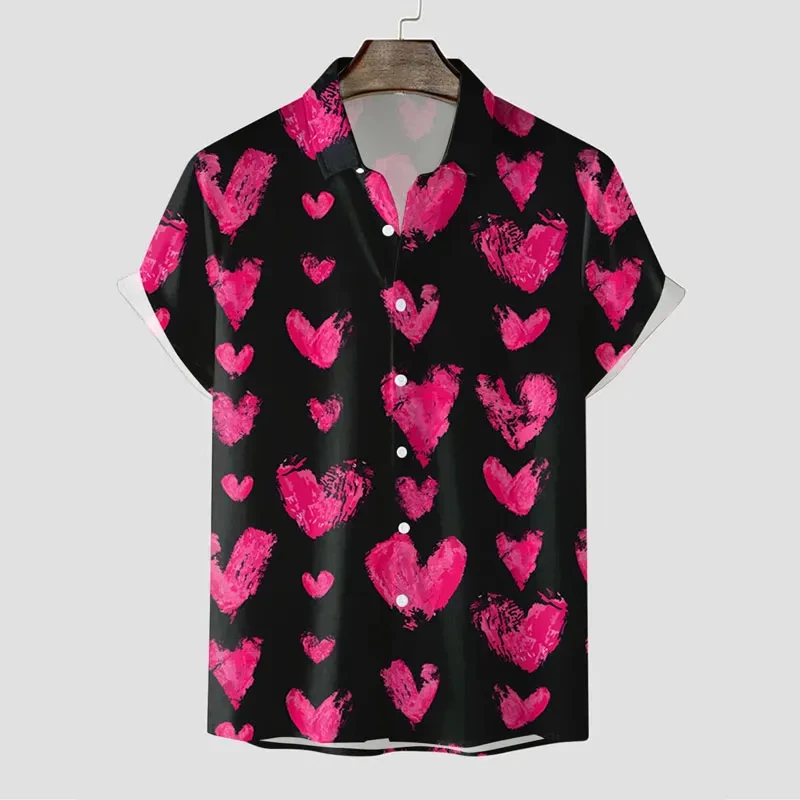 Heart Graphic Print Turn Down Collar Short Sleeve Shirts Summer Blouse Men's Clothing Valentine's Day Tops Hombre Ropa Tees