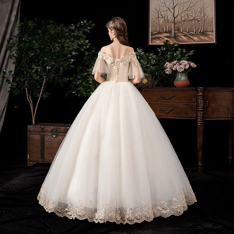 Es Yiiya vestido de novia blanco con hombros descubiertos, apliques de princesa simples, vestido de baile hasta el suelo, talla grande, FH030