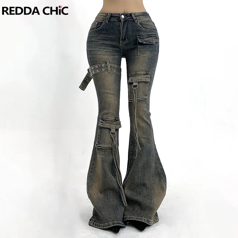 

REDDACHiC женские потертые джинсы-карго корейские винтажные потертые эластичные брюки с поясом и низкой талией Bootcut брюки Gyaru Y2k уличная одежда
