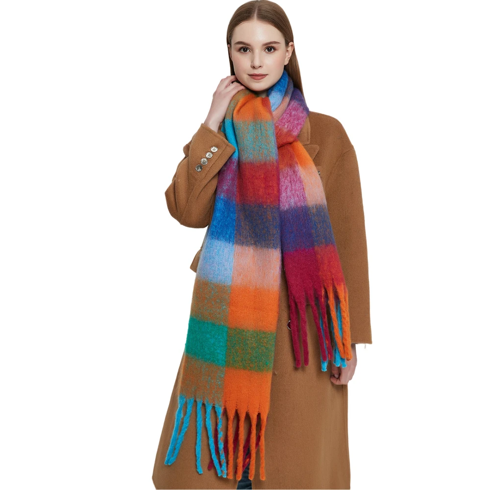 

New Autumn And Winter Thickened Women's Shawl Imitation Mohair Colorful Plaid Scarf Tassel Soft European Style Scarf