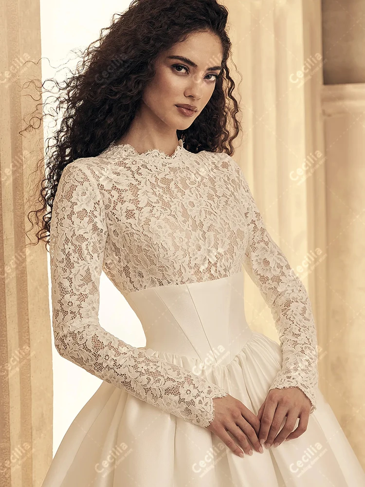 Splendidi abiti da sposa A Line Abiti da sposa in raso Abiti modesti Maniche lunghe Affascinanti abiti da sposa musulmani personalizzati 2025