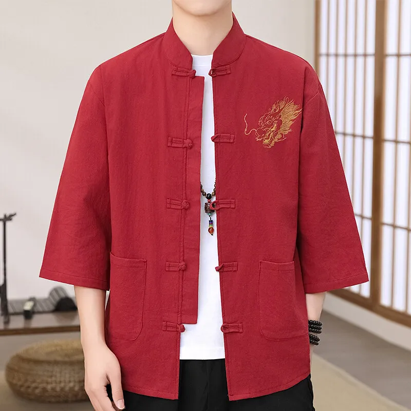 2025 Trendy Traditional Chinese Dragon Embroidered Shirt Stylish 3/4 Sleeve Top for Men Breathable Linen Tops Plus Size M-5XL