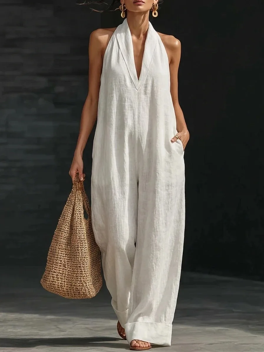 

New Spring/Summer Fashion Casual Sleeveless Neck-mounted Solid Color Loose Fit Ankle-Length Jumpsuits,5 Colors