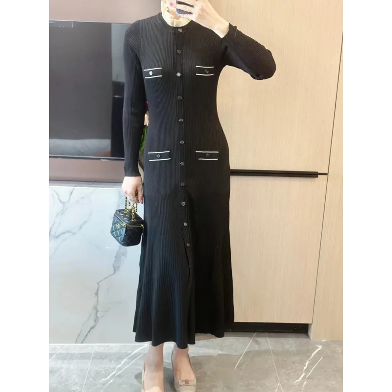 Vestido Largo de Punto Negro para Mujer, Estilo Otoño Invierno, Corte Entallado, Cuello de Encaje, Botón Único, Estilo Francés, a la Moda