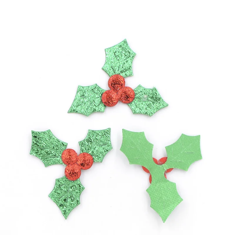 60Pcs Glitter Green Holly Leaf and Red Berry Cloth Applique for Christmas Decoration, Table Decoration, Stick-on Accessories