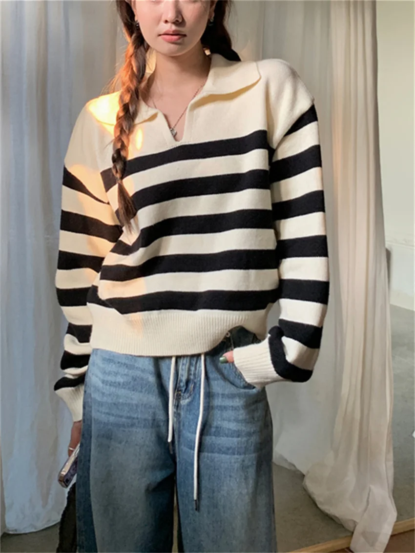 Alien Kitty Stylish Sweaters Office Lady Knitted Women Loose Autumn Daily Outwear 2023 OL Chic Pullovers Stripes Full Sleeve