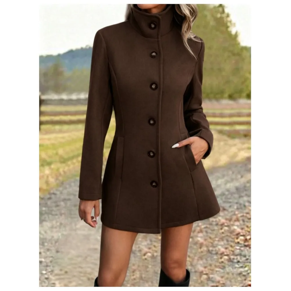 Herbst-Winter-Wollmischmantel für Damen, Stehkragen, einreihig, schmale Passform, mittellange Länge, lässige, warme Oberbekleidung mit Seitentaschen