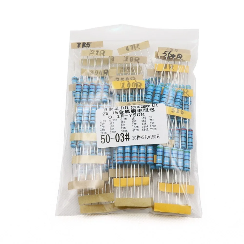 150Pcs 30 Values 2W Metal Film Resistor Kit 1% Tolerance 5 Color Bands 0 1R to 750R Common Values Assortment for Audio Amplifier