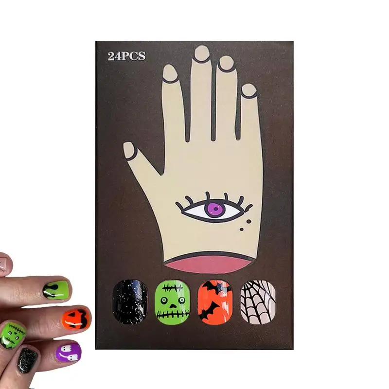 Halloween Fake Nails 24Pcs Full Cover Glossy Nails For Women False Nails Cute Ghosts Artificial Full Cover Women's Halloween