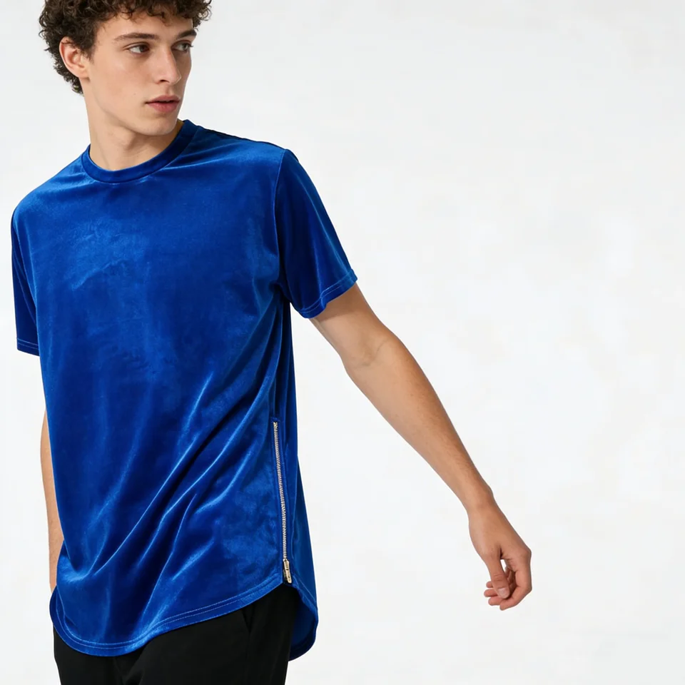 Men's Velvet T-Shirt Harajuku Oversized Tee Top Side Zipper Hip