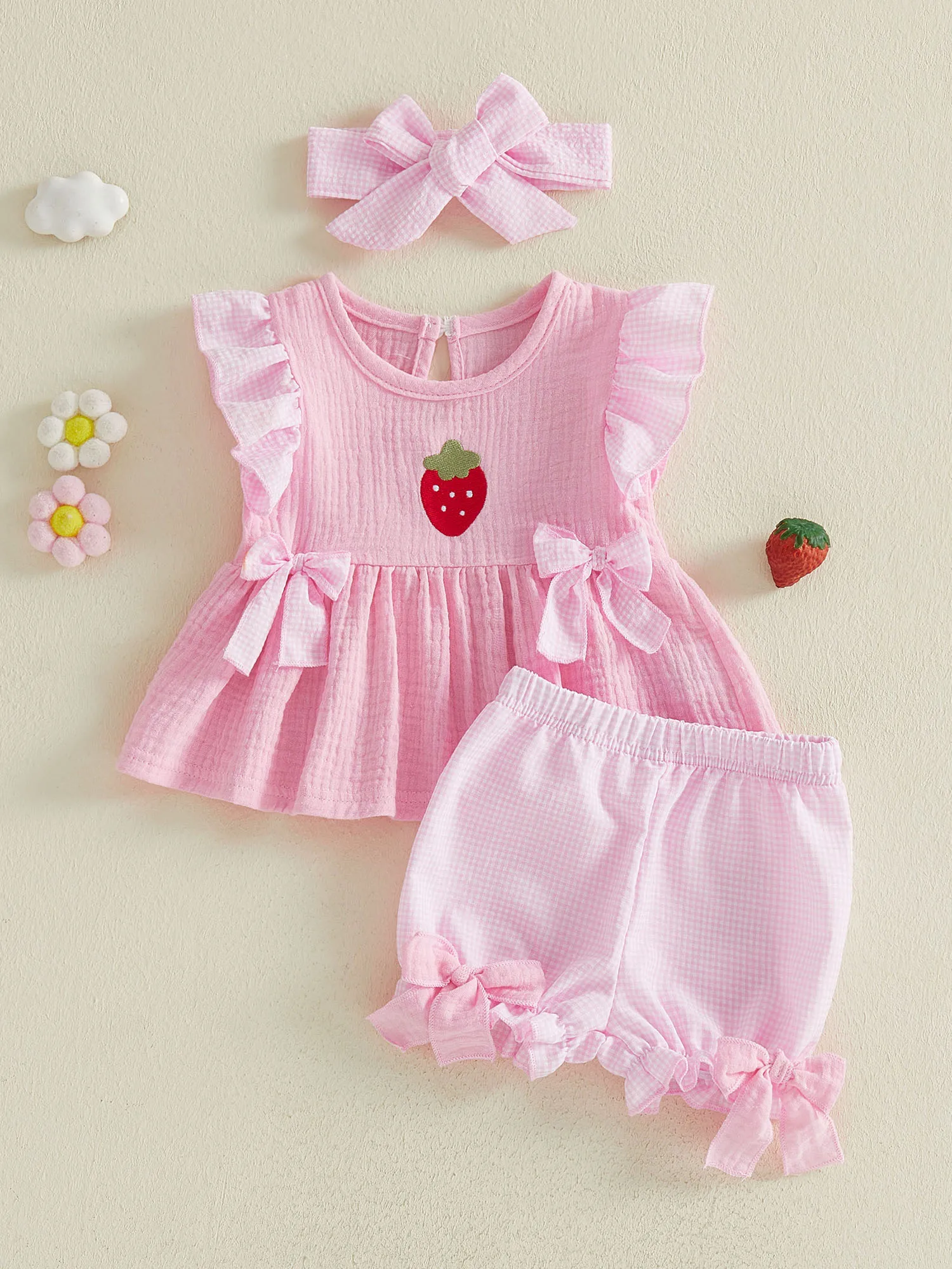 

Girls Ruffle Sleeve Floral Top and Denim Shorts Set with Bow Headband Summer Outfit for Kids