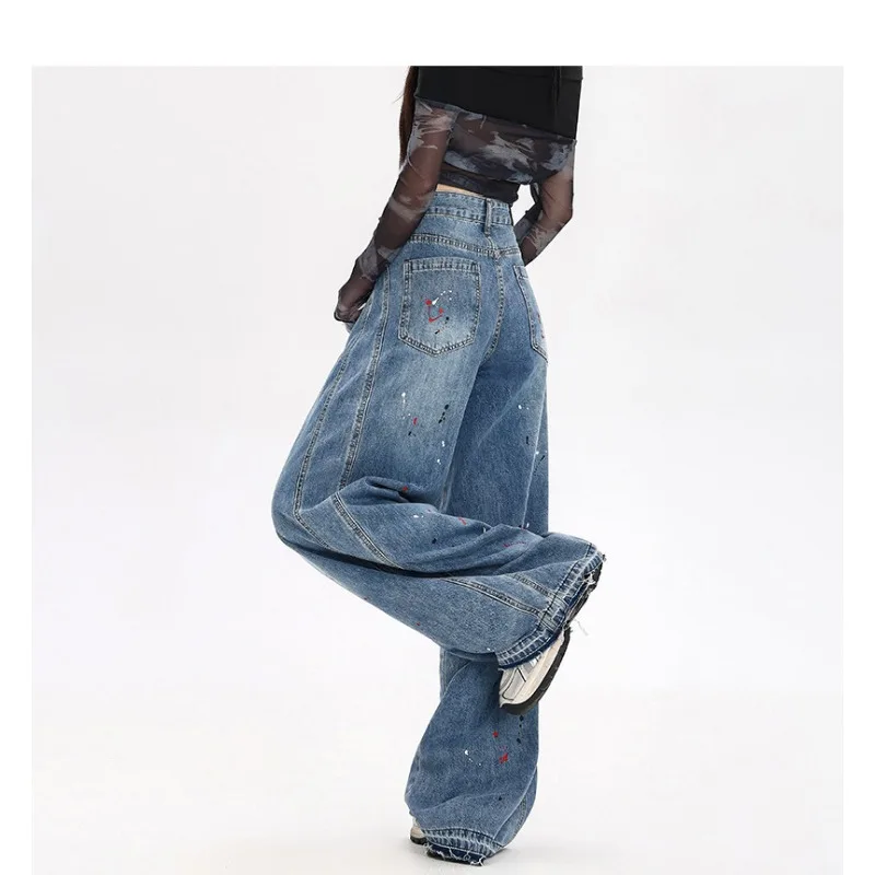 กางเกงยีนส์ขากว้างทรงตรงเอวสูงสไตล์ลำลองสำหรับผู้หญิง รุ่นใหม่ล่าสุด ล้างสีแบบพ่นสี  สำหรับฤดูใบไม้ผลิและฤดูใบไม้ร่วง