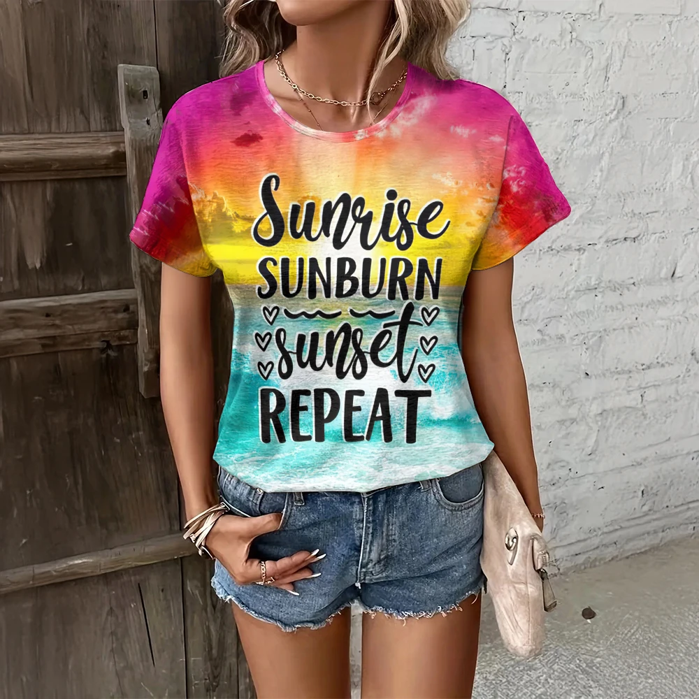 Zomer Mode Strand Vakantie Stijl O-hals Dames Losse T-Shirts 2024 Nieuwe Korte Mouwen T-Shirt Casual Trend Vrouwen Kleding Tops