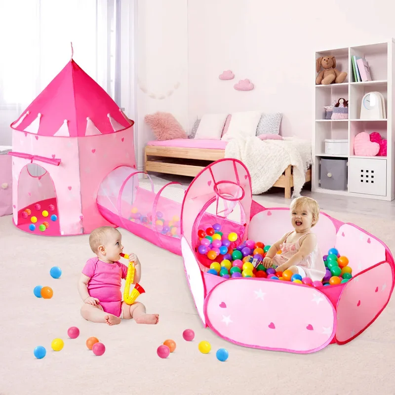 3 In 1 Kid Tent House Play Toy Tunnel Crawling Playhouse Castle Portable Children Ocean Ball Pool Pit Baby Folded Indoor Outdoor