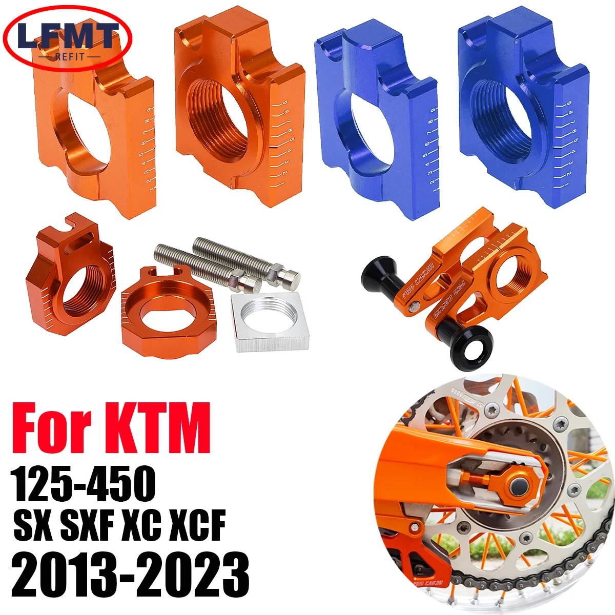 

Motorbike CNC Billet 25mm Rear Axle Blocks Chain Adjuster For KTM 125-450 SX SXF XC XCF HUSQVARNA TC FC FS TX FX 2013-2023