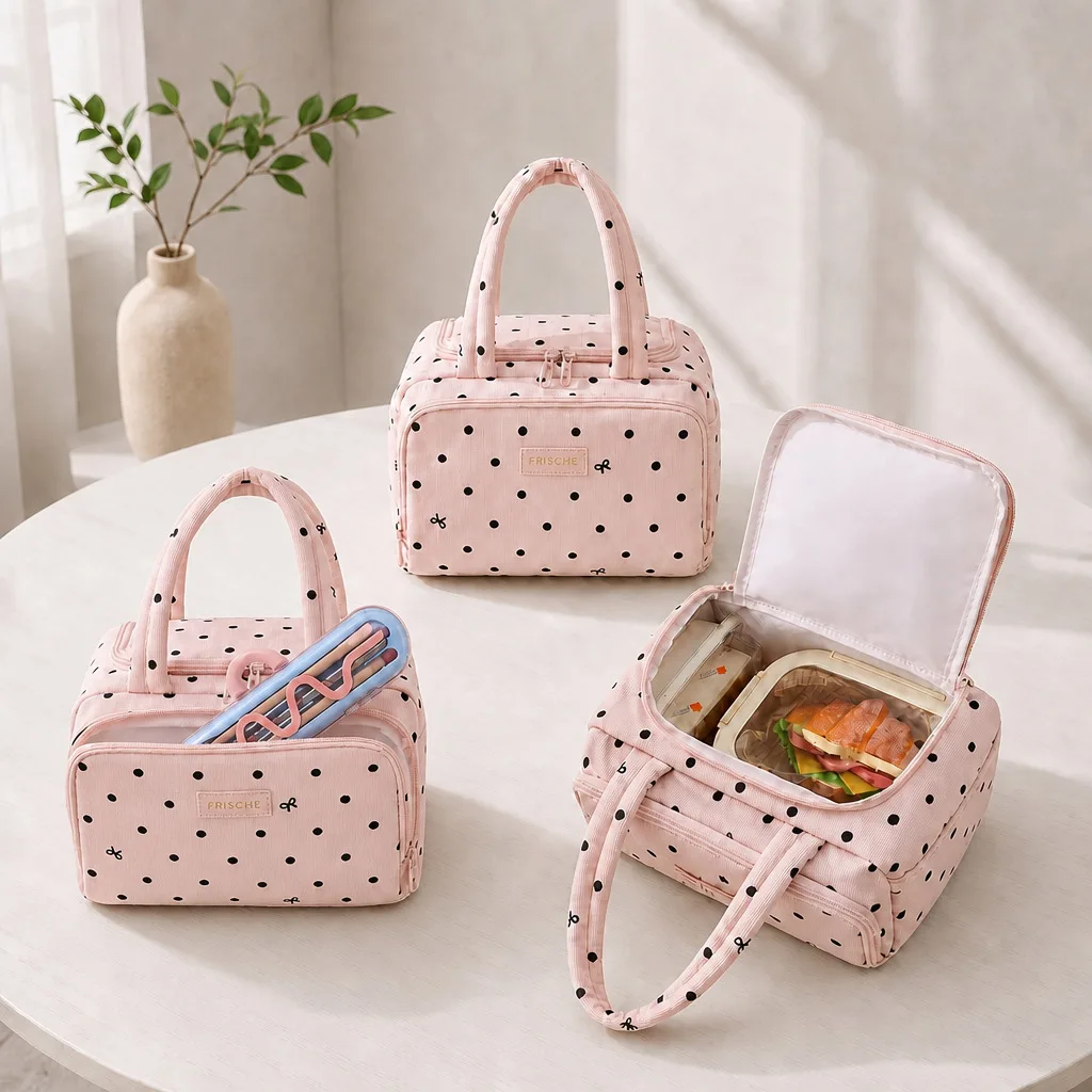 Polka Dot Corduroy Thermal Insulated Lunch Bag Large Capacity Portable Shoulder Tote for Men And Women Outdoor Work Commuter Box