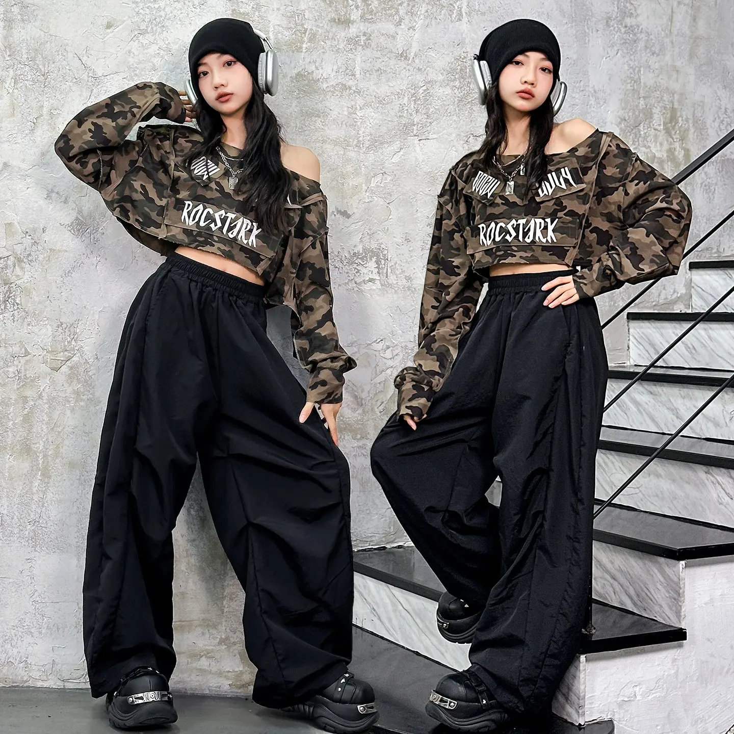 

Girls Kpop Hip Hop Clothing Jazz Dance Camouflage Tops Black Pants Long Sleeves Practice Clothes Concert Stage Dancewear BL18037
