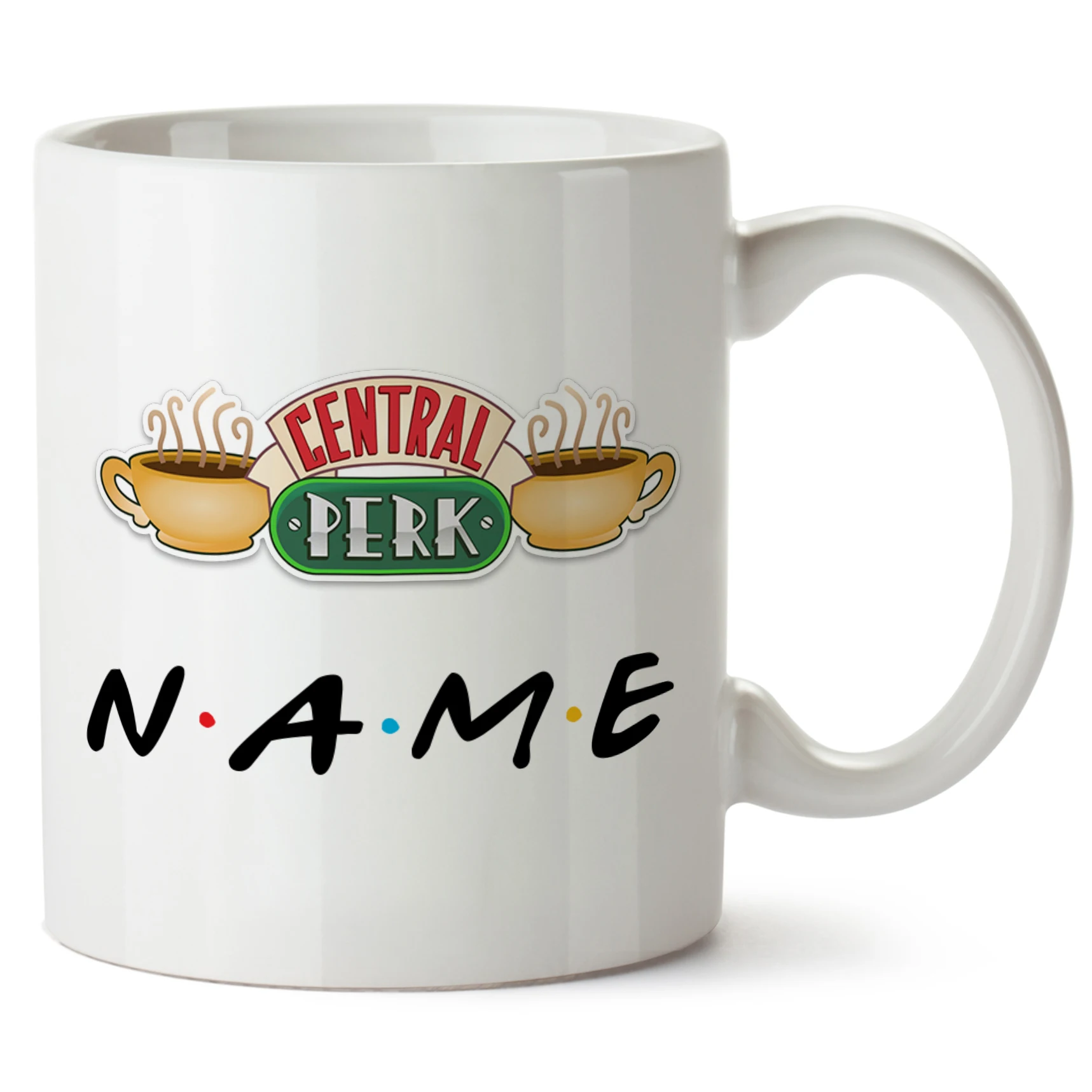 Taza de café personalizada con nombre de amigo, programa de televisión de amigos, Central Perk, 11oz, taza de té de cerámica negra y rosa, regalo de cumpleaños