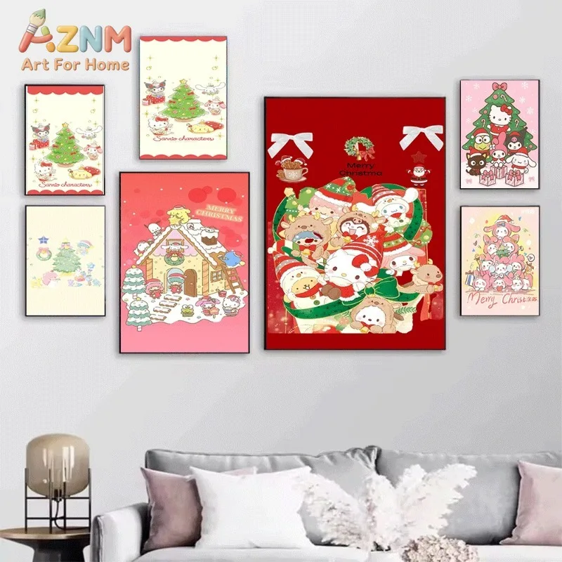 Sanrio Characters Christmas Tree Canvas Wall Art Unframed Canvas Poster Cute Kawaii Holiday Nursery Wall Decor Xmas Gift