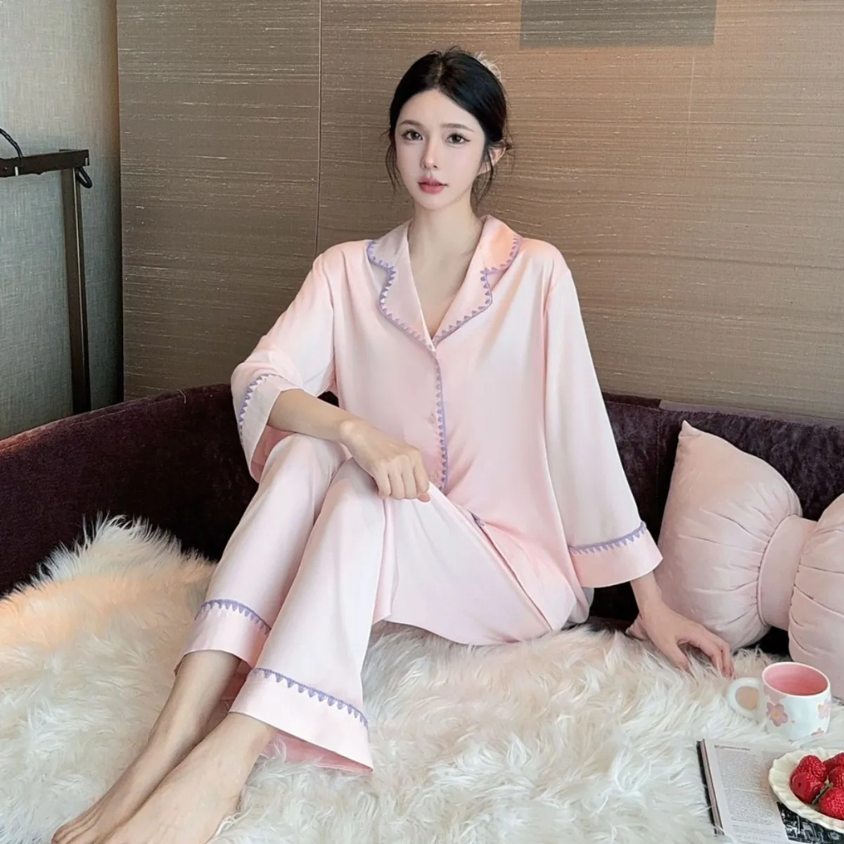 

2025 Spring New Pyjamas Suit Long Sleeve Solid Nightwear 2PCS Pjs Women Silky Satin Home Suit Basic Shirt&pants Loungewear