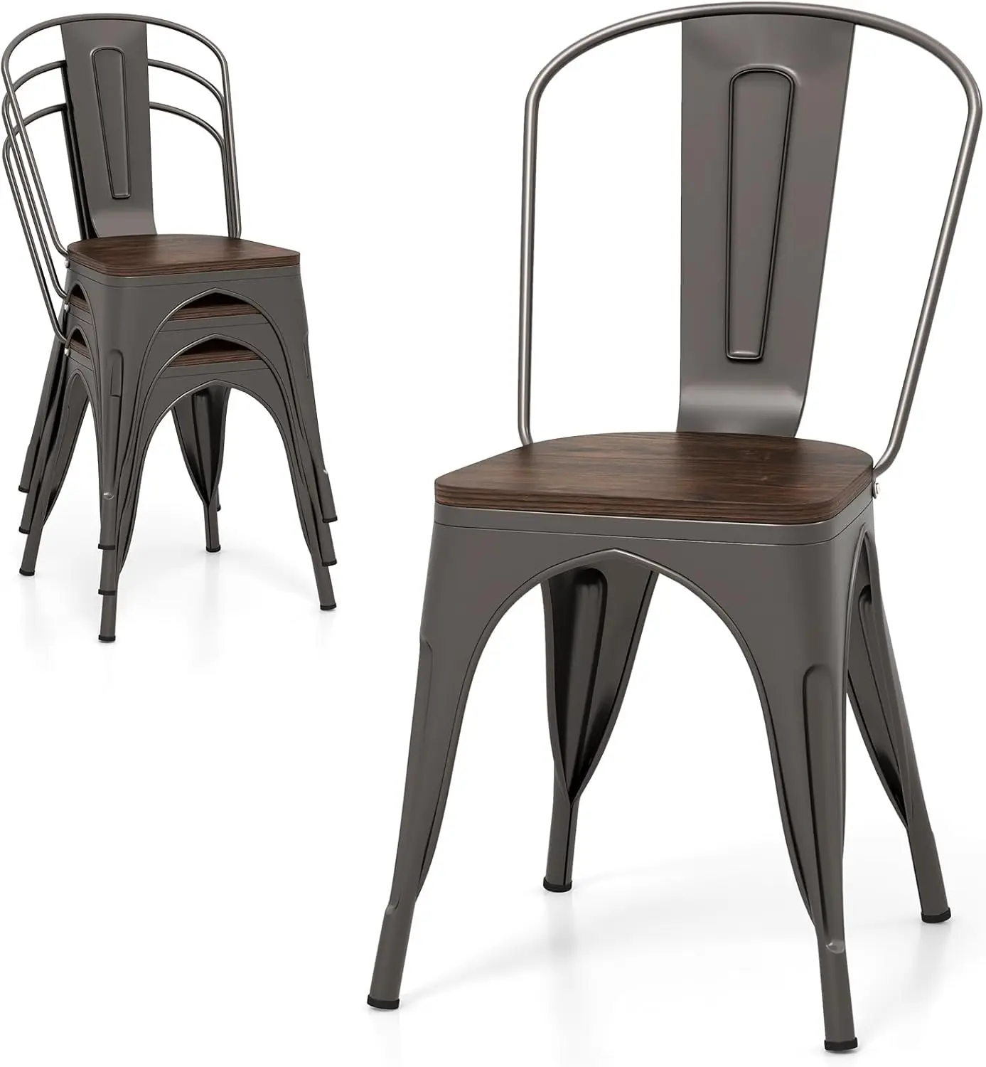 Giantex Metal Dining Chairs Set Of 4, Stackable Kitchen Chairs With Wood Seat & Removable Backrest, Metal Chairs, Space-Saving