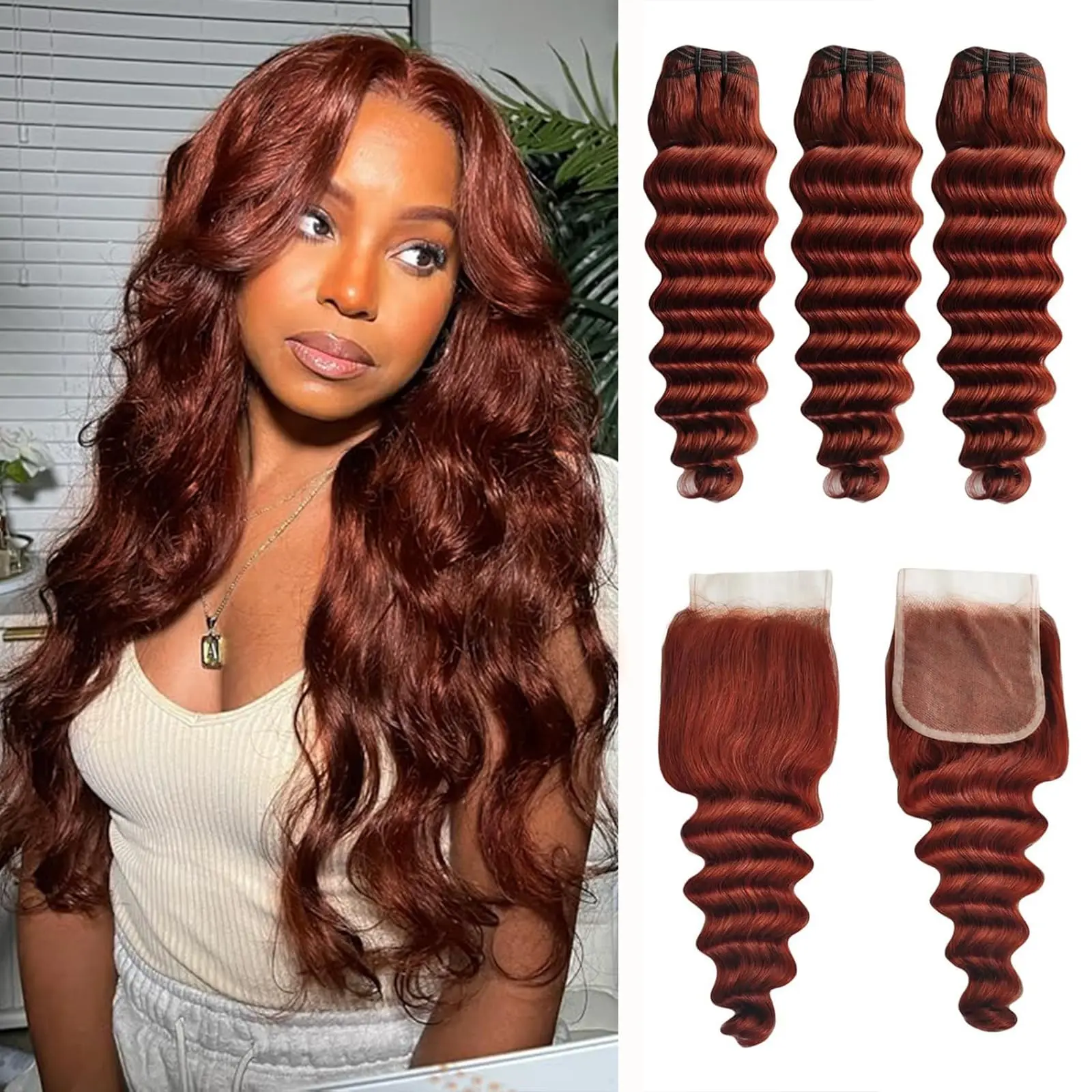 

Комплекты волос из натурального человеческого волоса красно-коричневого цвета с глубокой волной и закрытием 4x4, цвет 33 (красно-коричневый)