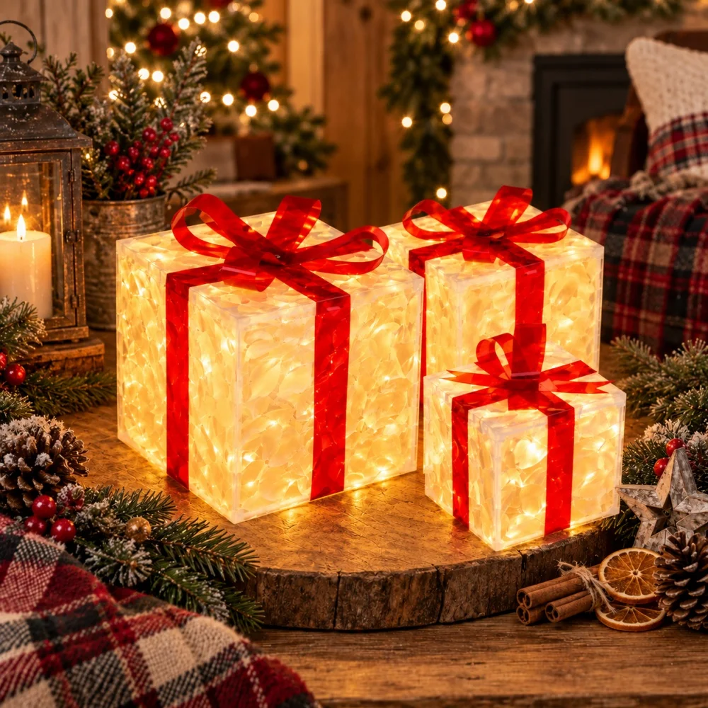 15/20/25Cm Three-Piece Christmas Gift Box, Built-In 8 Lighting Modes, Ideal For Creating A Festive Christmas Atmosphere. Suitable For Decorating Christmas Trees, Shop Windows And Holiday Event Arrangements.