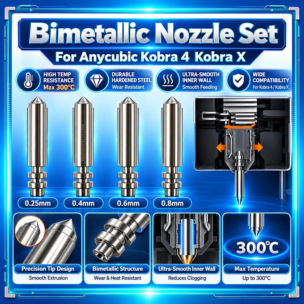 For Anycubic Kobra 4 Kobra X 3D Printer Hotend Nozzle, Upgraded Smooth Internal Bore 0.2/0.4/0.6/0.8mm Replacement Spare Part