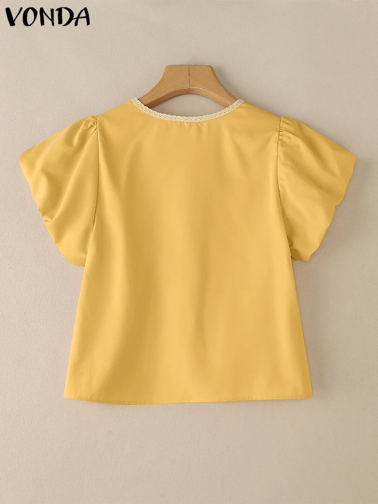 2025 VONDA Women Elegant Lace Blouse Summer Tops Casual Short Puff Sleeve Bow Shirts Loose O-Neck Korean Blusas Fashion Tops