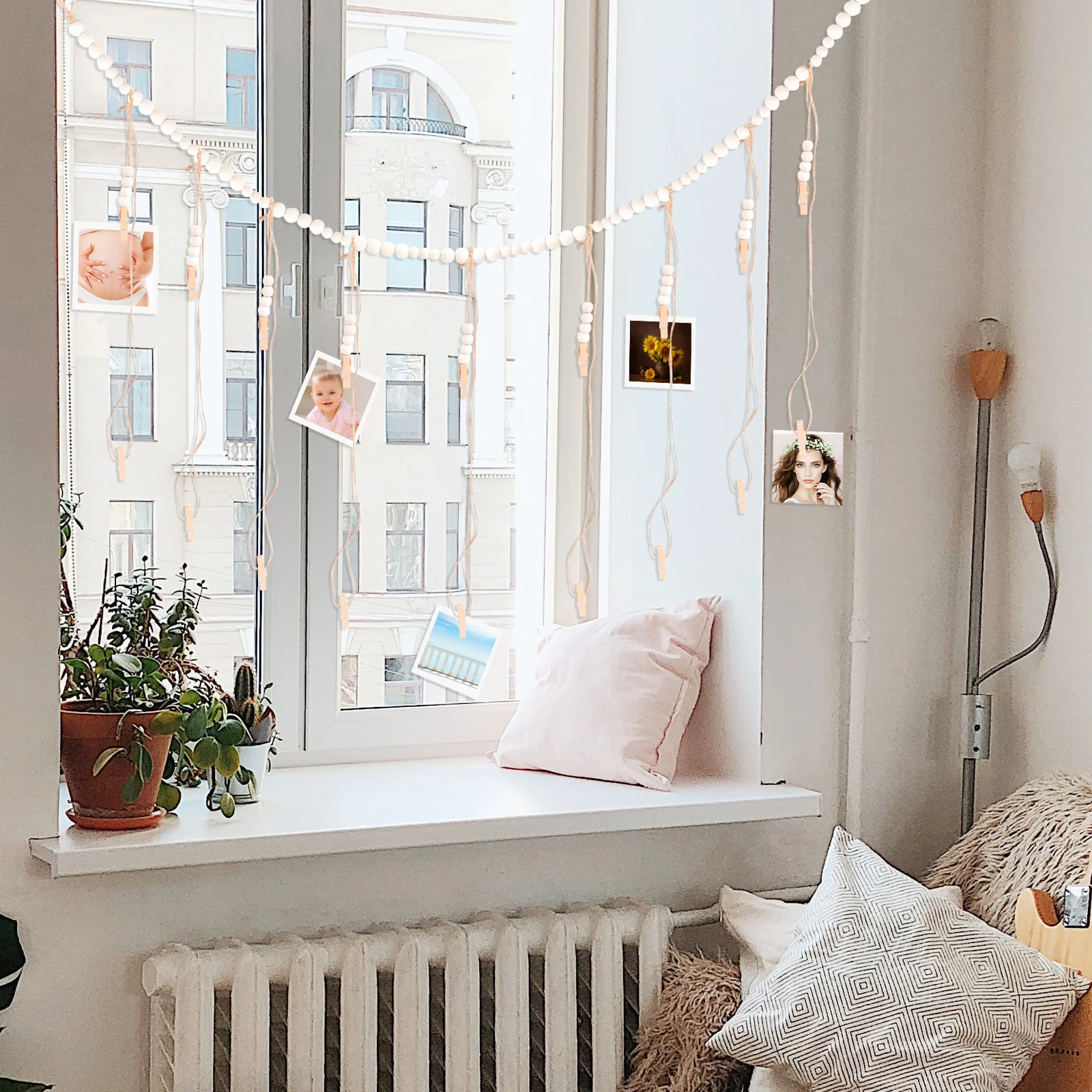 

Wall Decoration Photo Holders Wooden Beads Garland Clips DIY Display Wooden Beads Garland Sister Picture Frames