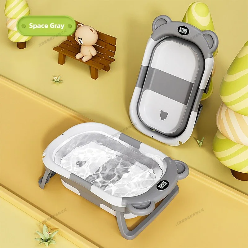 Foldable Baby Bath Tub Intelligent Temperature Display Newborn Tub Bear Style Portable Shower Basin Infant Safety Bath Products