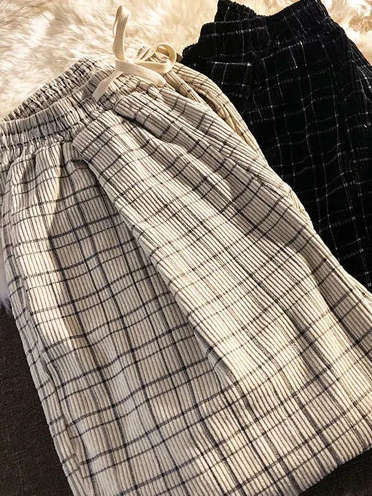 ZOKI Vintage Plaid donna pantaloni inverno spessa velluto a coste inverno pantaloni dritti Casual a vita alta nero coreano femminile pantaloni nuovo