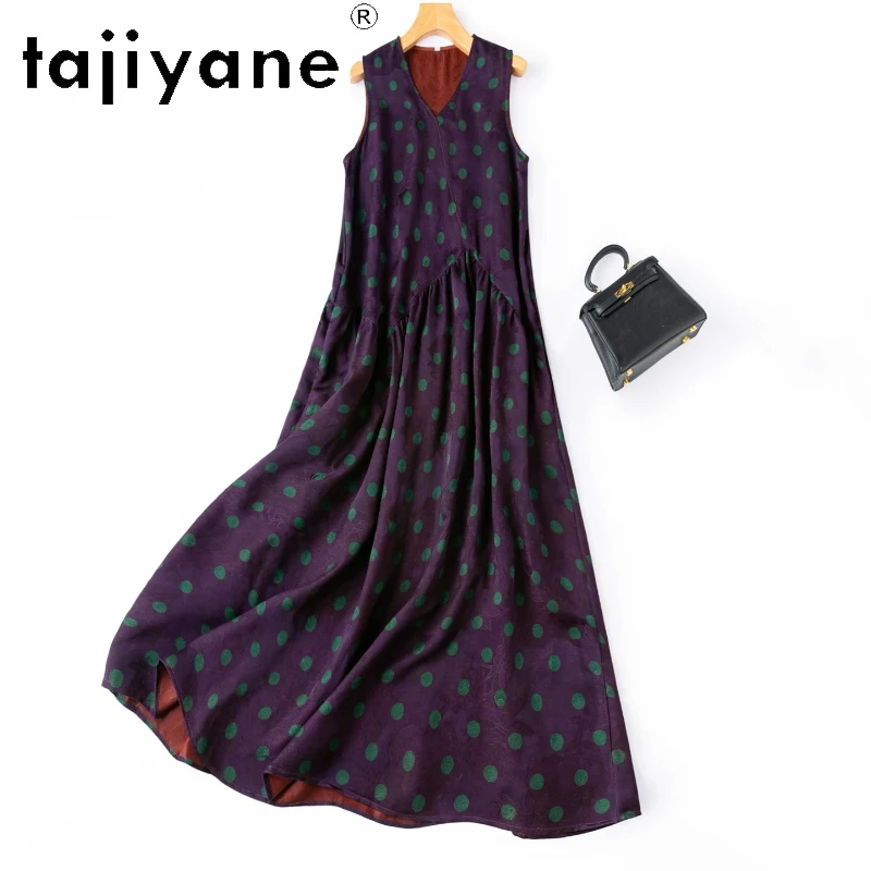 

TAJIYANE Xiangyun Sha Tank Dresses for Women 100% Mulberry Silk Midi Dress Elegant Purple Polka Dots Frocks Woman Clothes 2026여름