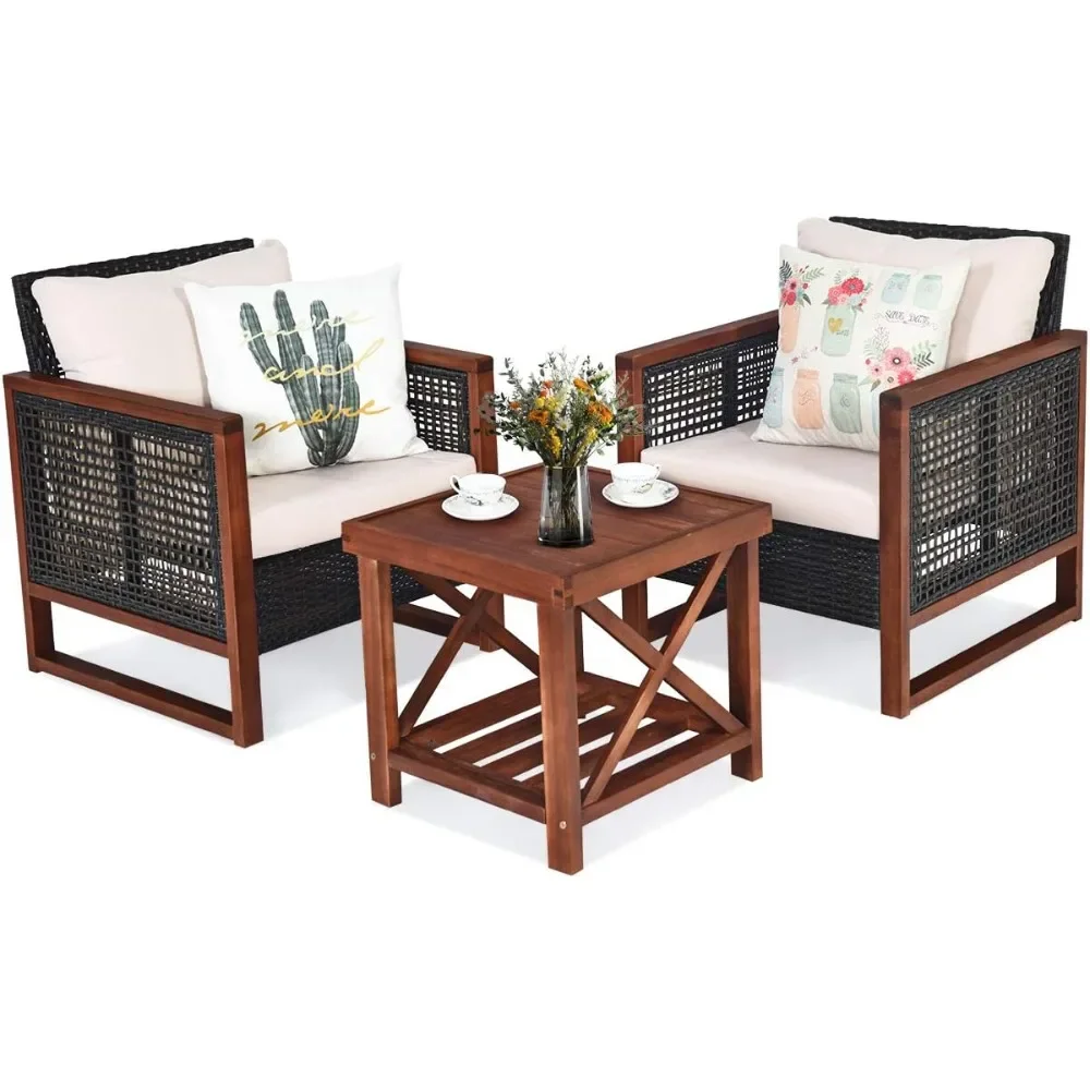 Mesa ao ar livre e cadeiras conjunto, móveis de vime, almofada lavável Rattan, café madeira, 3 pcs