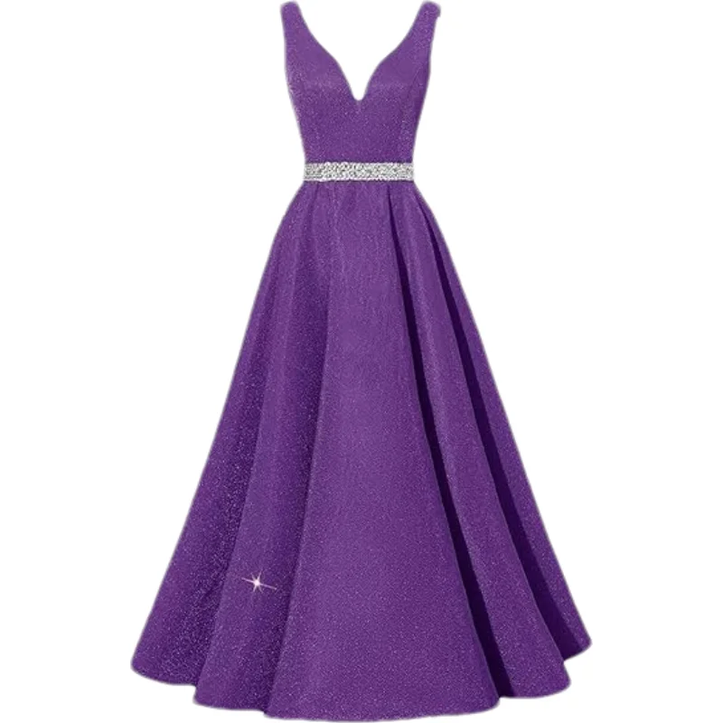 Customized Womens Glitter Satin Prom Dresses Long Corset V-Neck Beaded Belt Formal Evening Dress Party Gowns with Pockets