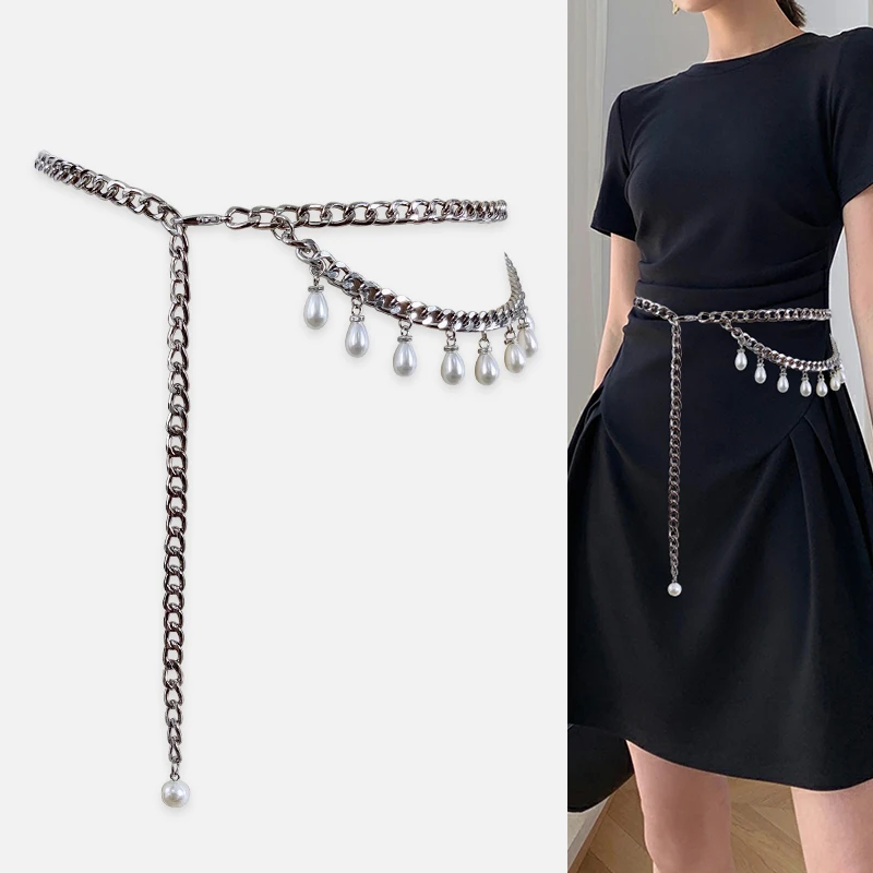 Fashion Silver Chain Belt Female Waist Adjustable Tassel Metal Pearl Belts For Women High Quality Easy Waistband Thin Strap