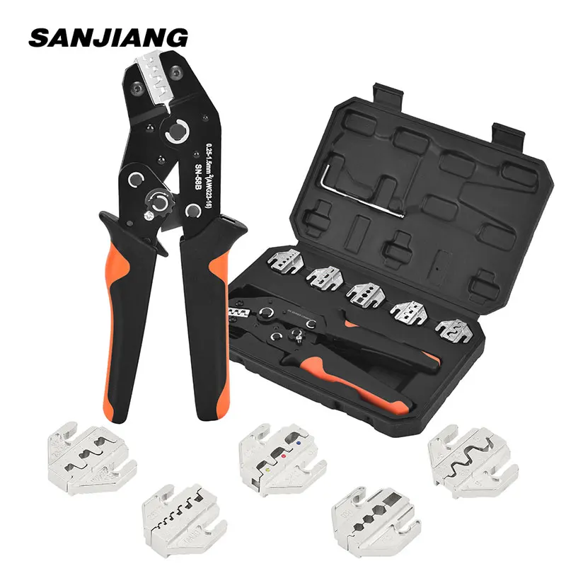 Ratchet Terminals Crimping Pliers Set - SN-58B Kit, Includes 5 Sets of Jaws (03H/02C/-6/2546B/06WF), Portable Hand Crimp Tool