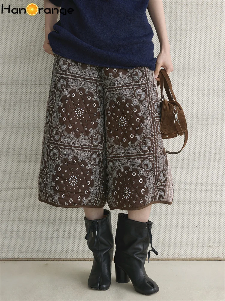 HanOrange 2026 Winter Retro Fashion Paisley Cashew Pattern Contrast Capri Pants Women Loose Warm Cropped Trousers Coffee