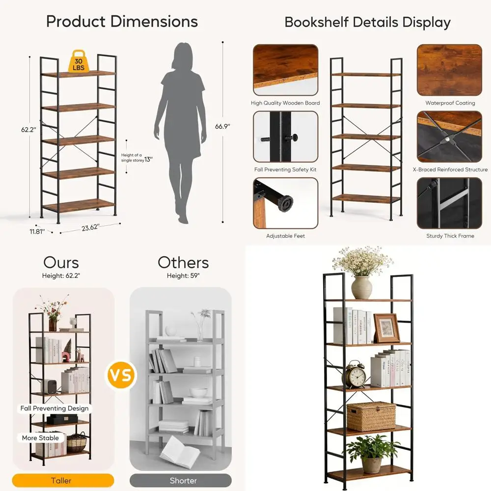 

5-Tier Standing Bookshelf - Home Office Storage Organizer for Bedroom, Bathroom, Living Room, Office, Balcony - Brown