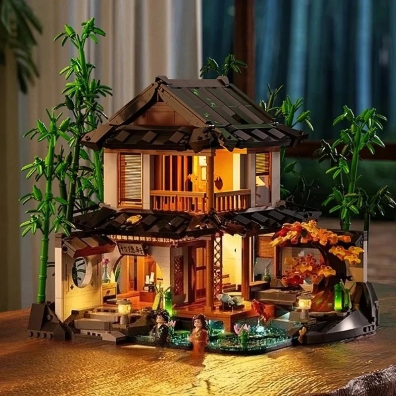 Serie di case retrò Building Block Bamboo Lodge assemblato Modello di costruzione di case in legno Street View Decorazione regalo
